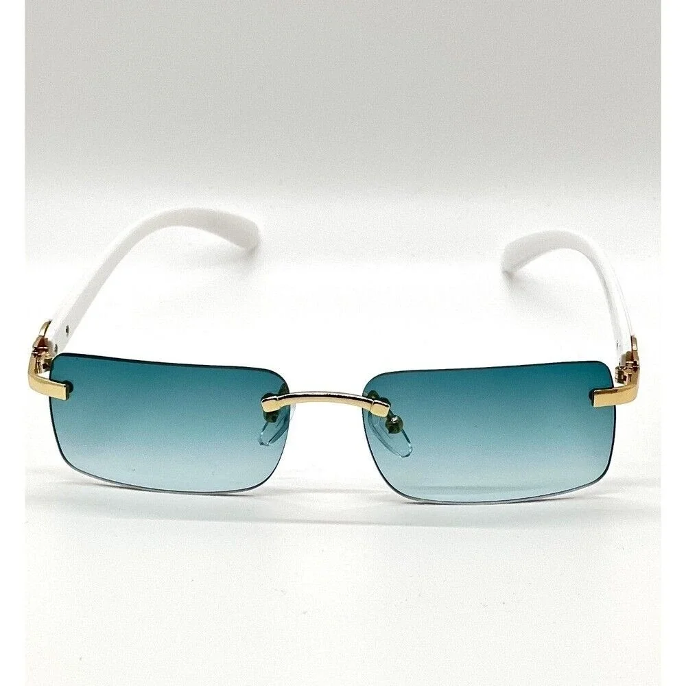 Rimless Sunglasses Green Lens Gold Accents White Arms Men's Fashion‎ Small Gafas